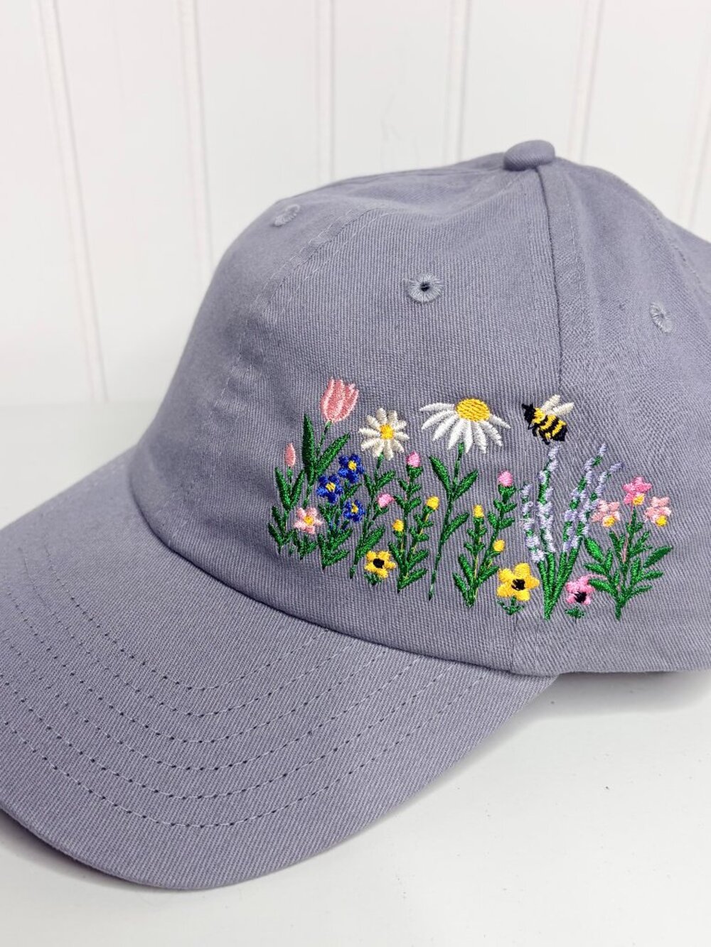 Floral Embroidered Hat Gray Dad Unstructured Cotton Twill Boho Wildflowers Gift